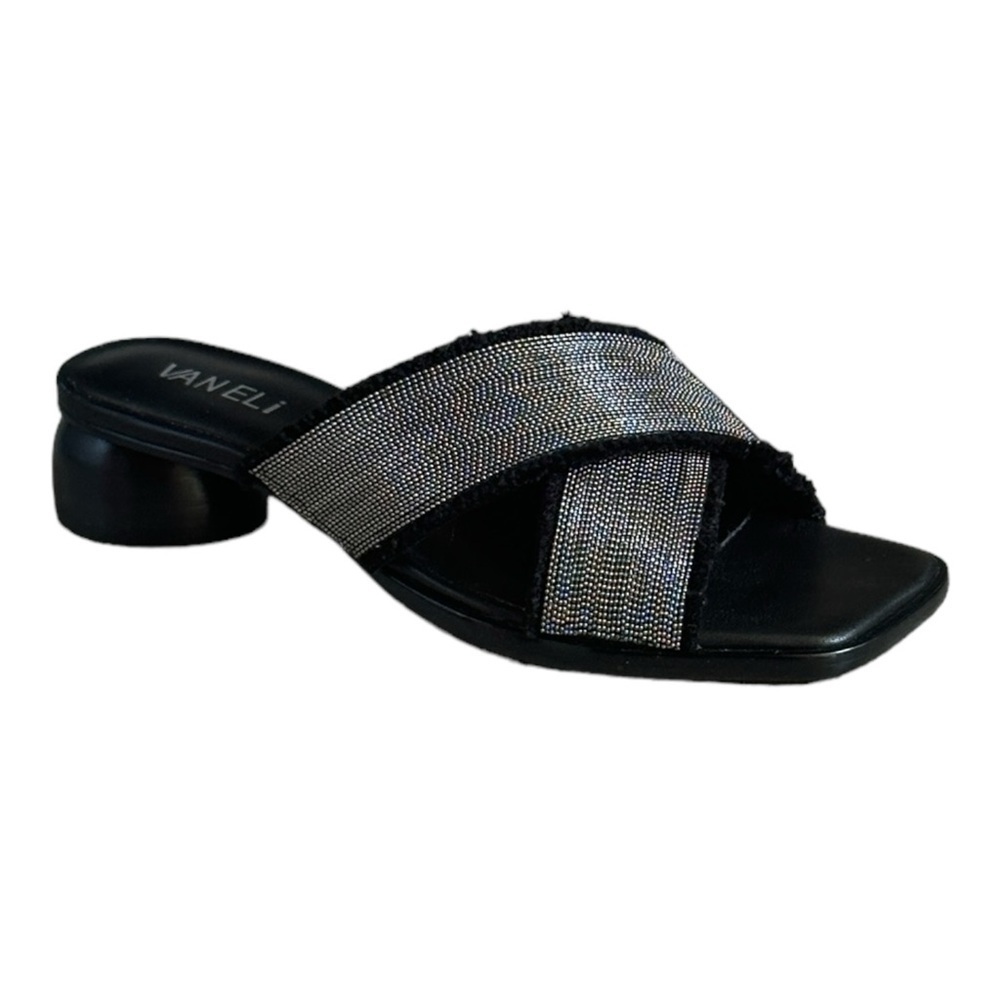 Vaneli Kaisa Silver Lurex Crisscross Slide Sandals Black 6M NWB